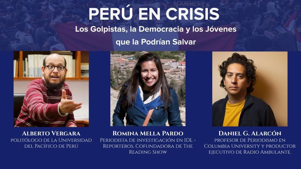 Conversatorio con @romina_mella, y @AlbertoVergarap , moderado por @DanielGAlarcon, profesor de Periodismo en Columbia University y productor de @radioambulante.
Miércoles 25 de Noviembre
2:00 PM Lima y NY; 4:00 PM Chile
Regístrate aquí: https://t.co/IMcphv6Mns https://t.co/jadLFqkPim
