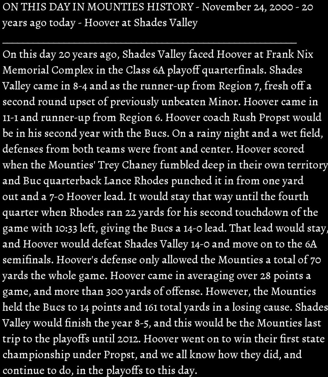 svmounties's tweet photo. ON THIS DAY IN MOUNTIES HISTORY - November 24, 2000 - 20 years ago today - #2 Hoover at Shades Valley #100SeasonsofMountieFootball
#GoMounties ๐ดโซ https://t.co/QLp5u2w3wB