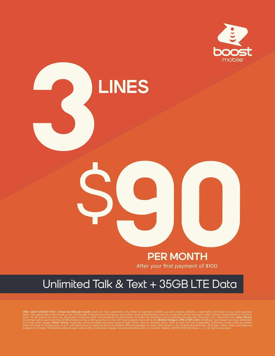 Starting Today - New customers only (port and non-port), activate 3 lines for $90/mo. w/ Unl Talk &amp; Text &amp; 35GB High Speed Data per line. Come in to your local #BOOST location today!  #promo #3for90 #boostmobile #dailydeals <a href="/boostmobile/">Boost Mobile</a>