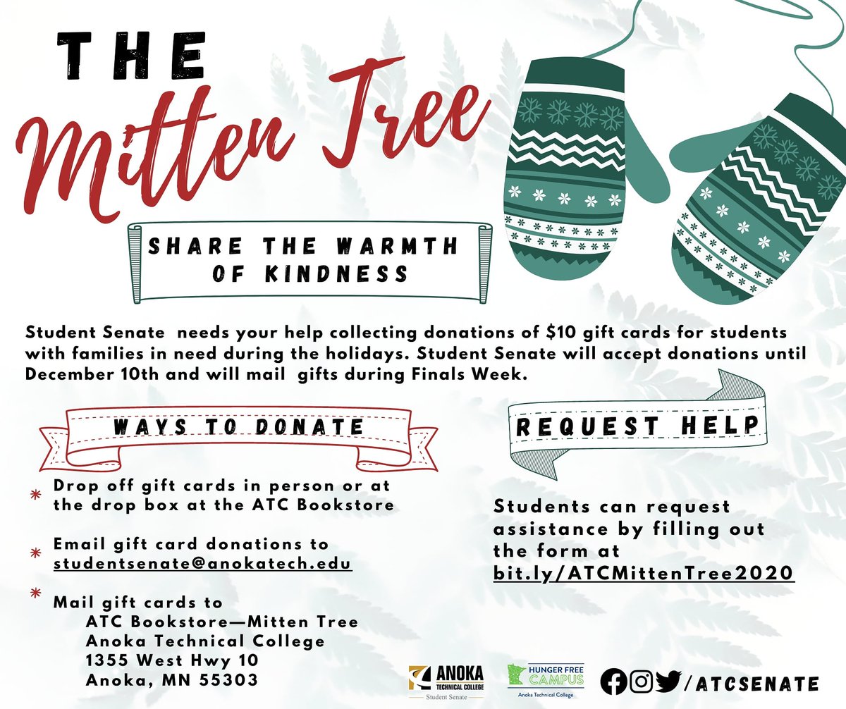 ATCsenate's tweet photo. The Mitten Tree is a program that provides extra assistance to Anoka Technical College families during the holiday season. We need your help collecting donations of $25 gift cards for students with families in need during the holidays. 

#ATCsenate #AnokaTech #AnokaTechPride https://t.co/BMW9h3Fmme