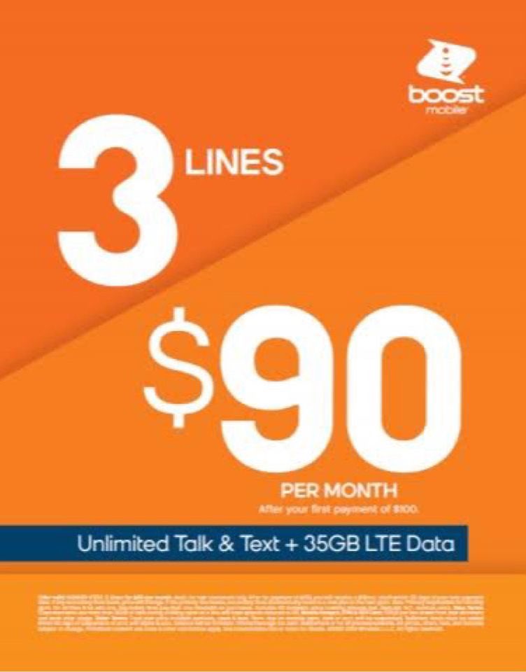 A partir de hoy: solo para nuevos clientes (portuarios y no portuarios), active 3 líneas por $ 90 al mes. w / Unl Talk &amp; Text y 35GB de datos de alta velocidad por línea. ¡Ven a tu ubicación local #BOOST hoy! #promo # 3for90 #boostmobile #dailydeals #dealsforreals