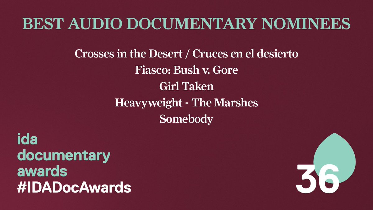 IDAorg's tweet image. #IDADocAwards Best Audio Documentary Nominees:
💧Crosses in the Desert / Cruces en el desierto
💧Fiasco: Bush v. Gore
💧Girl Taken
💧Heavyweight - The Marshes
💧Somebody
