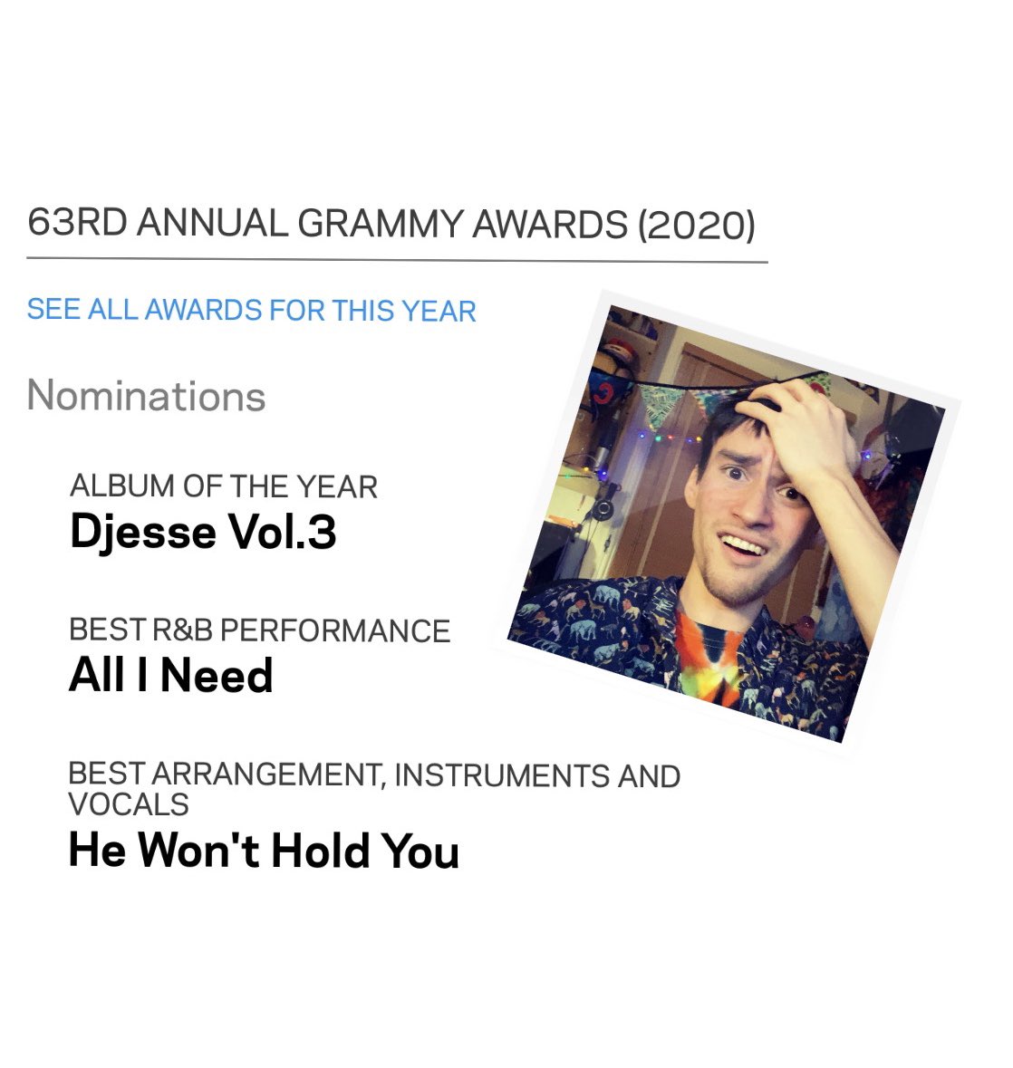 Three Grammy nominations including ALBUM OF THE YEAR????????!!!!!!!!!!!!!!!!!!!!!!!!!!!!!