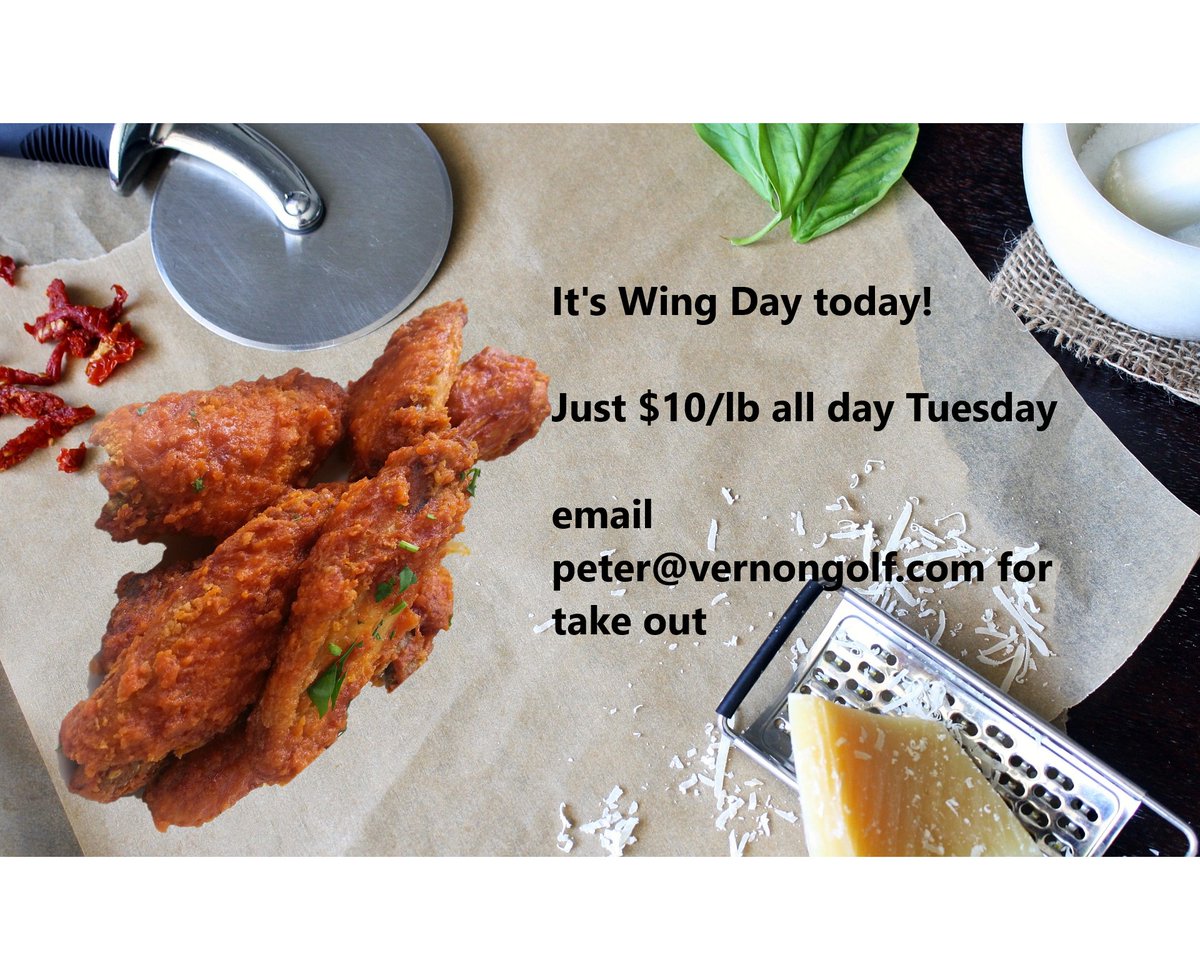 Tuesday is Wing Day at the Clubhouse! Pound of Wings for just $10 - want them to go? Email peter@vernongolf.com.
#vgcc #vernongolfandcountyclub #wingday