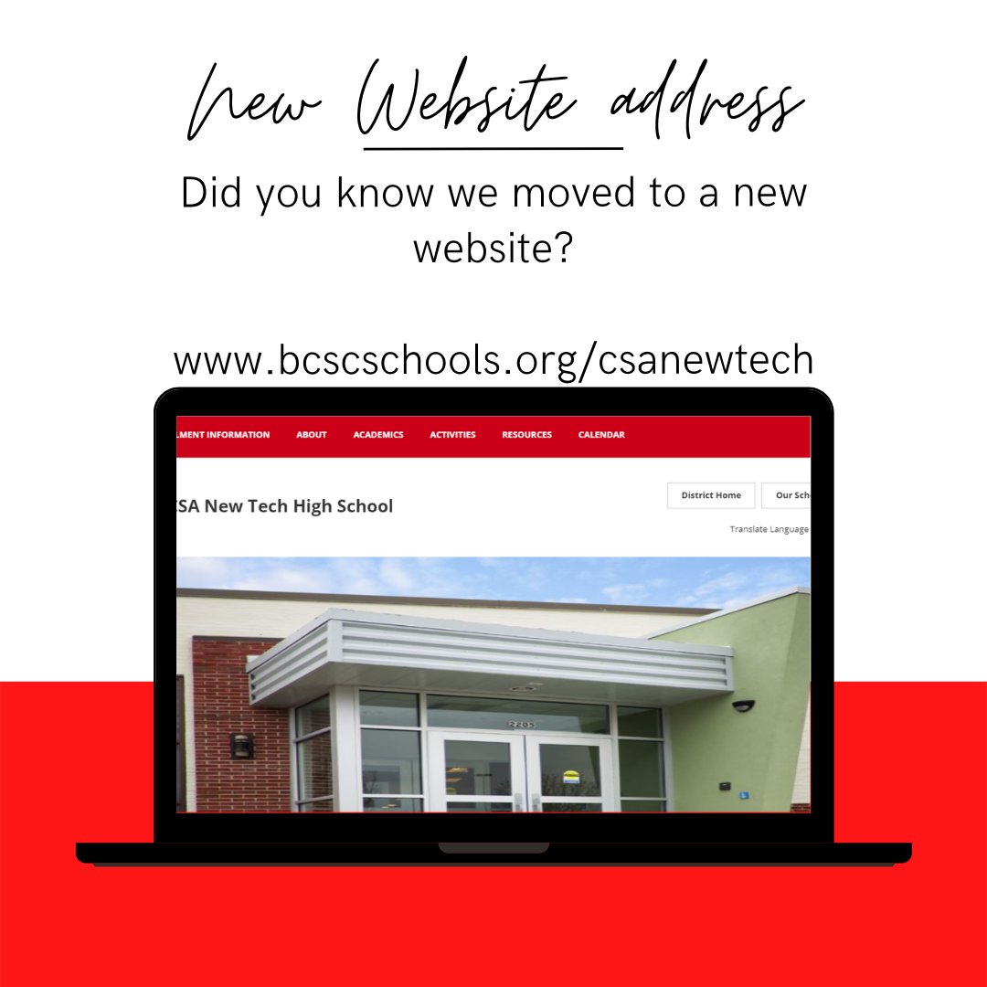 CSANewTechHS's tweet image. CSA Family: Our website address has changed! You can check out the new website at bcscschools.org/csanewtech! Visit today!