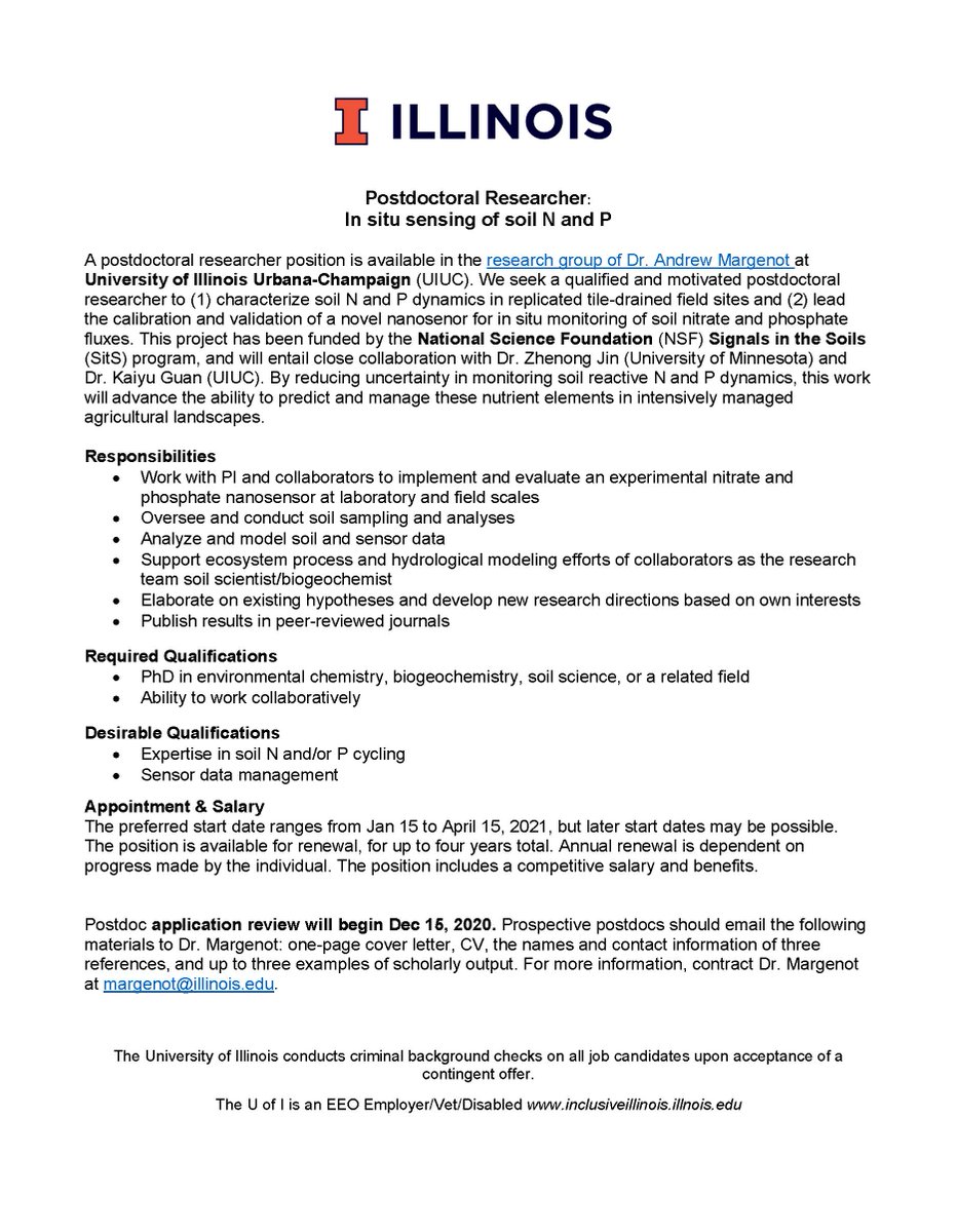 Andrew Margenot (@ajmargenot) on Twitter photo Postdoc position open in my group: in situ soil N+P monitoring with an experimental nanosensor.
Help lead the soils portion of a new NSF Signals in the Soils (SitS) project with Dr. Jin <a href="/UMNews/">University of Minnesota</a> and Dr. Guan <a href="/IllinoisNRES/">NRES at Illinois</a>!
App review begins Dec 15.
<a href="/SSSA_soils/">Soil Science Society of America</a> <a href="/AGUbiogeo/">AGU Biogeosciences</a> #soil Postdoc position open in my group: in situ soil N+P monitoring with an experimental nanosensor.
Help lead the soils portion of a new NSF Signals in the Soils (SitS) project with Dr. Jin <a href="/UMNews/">University of Minnesota</a> and Dr. Guan <a href="/IllinoisNRES/">NRES at Illinois</a>!
App review begins Dec 15.
<a href="/SSSA_soils/">Soil Science Society of America</a> <a href="/AGUbiogeo/">AGU Biogeosciences</a> #soil