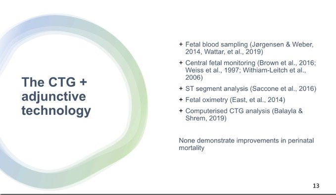 GOLDObstetrics's tweet photo. Several additions to CTG use to help ensure information from CTG is accurate do not show improvement of #perinatal outcomes or mortality. Adding technology to CTG doesn't appear to be successful. K.Small #GOLDObstetrics2020 #IAMGOLD #OBGYN #cardiotocography #obstetrics https://t.co/McgabdBDQy