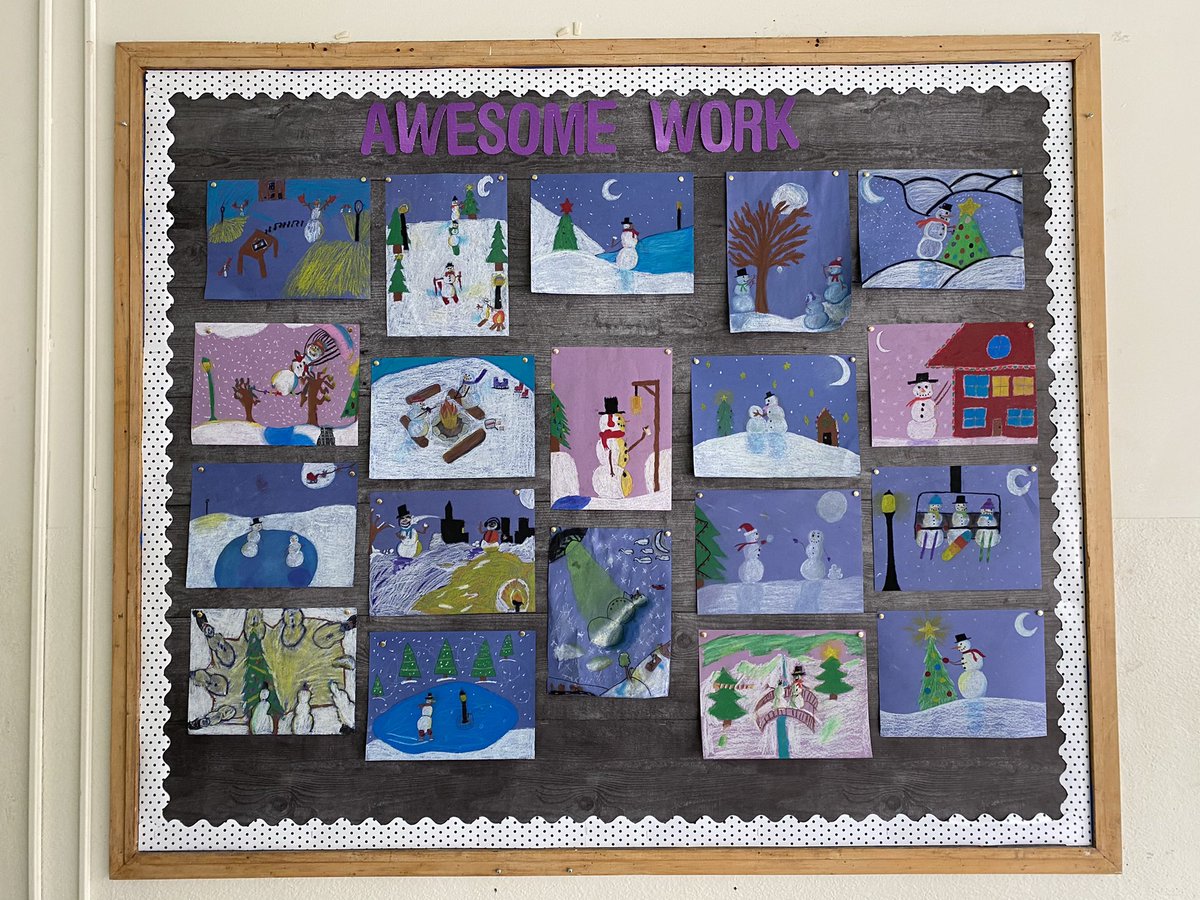 Oil pastel art inspired by Mark Buehner’s ‘Snowmen at Night’. Students did such a good job bringing their snowmen on nighttime adventures! ☃️📚🍎 <a href="/CodringtonPS/">Codrington P.S.</a>