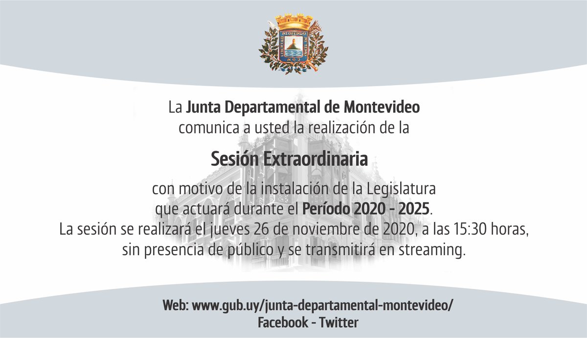 juntamvd's tweet photo. Asunción de #ediles y #edilas electos/as para la Legislatura 2020-2025 de la #JDM, y elección de autoridades que presidirán durante 2020-2021.
📅Jueves 26 de NOV.
🕞15:30hs.
📍Sala de Sesiones https://t.co/4l7Xt2nkQG