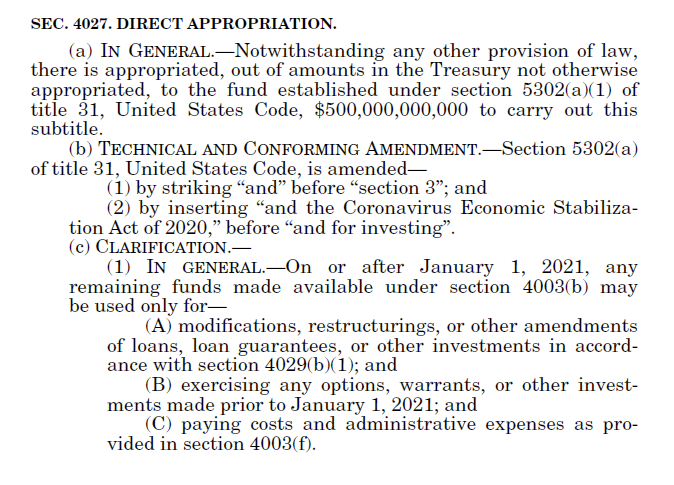 Section 4027 of the CARES Act is quite clear about the timeline and set of purposes for which the ESF appropriation may be used: