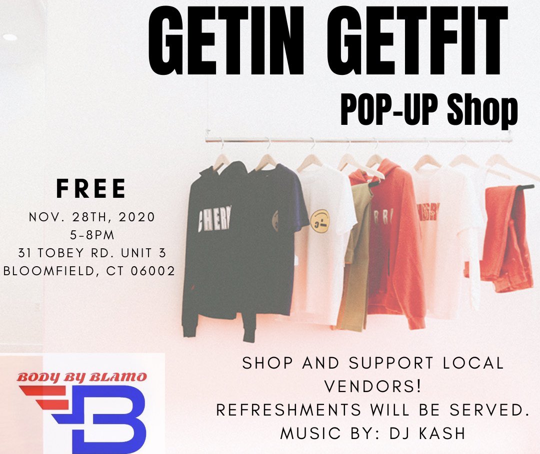 GetinGetfit's tweet photo. Iron sharpens Iron. Join us this Saturday 11/28 for our first pop-up shop event as we showcase and support local small business in CT. Masks are required. 5-8pm. 31 Tobey Rd. Unit 3 Bloomfield, CT 06002.
•
•
Music by: DJ Kash
#GETINGETFIT #NODAYSOFF #smallbusinesssaturday https://t.co/bvMZ2mob39
