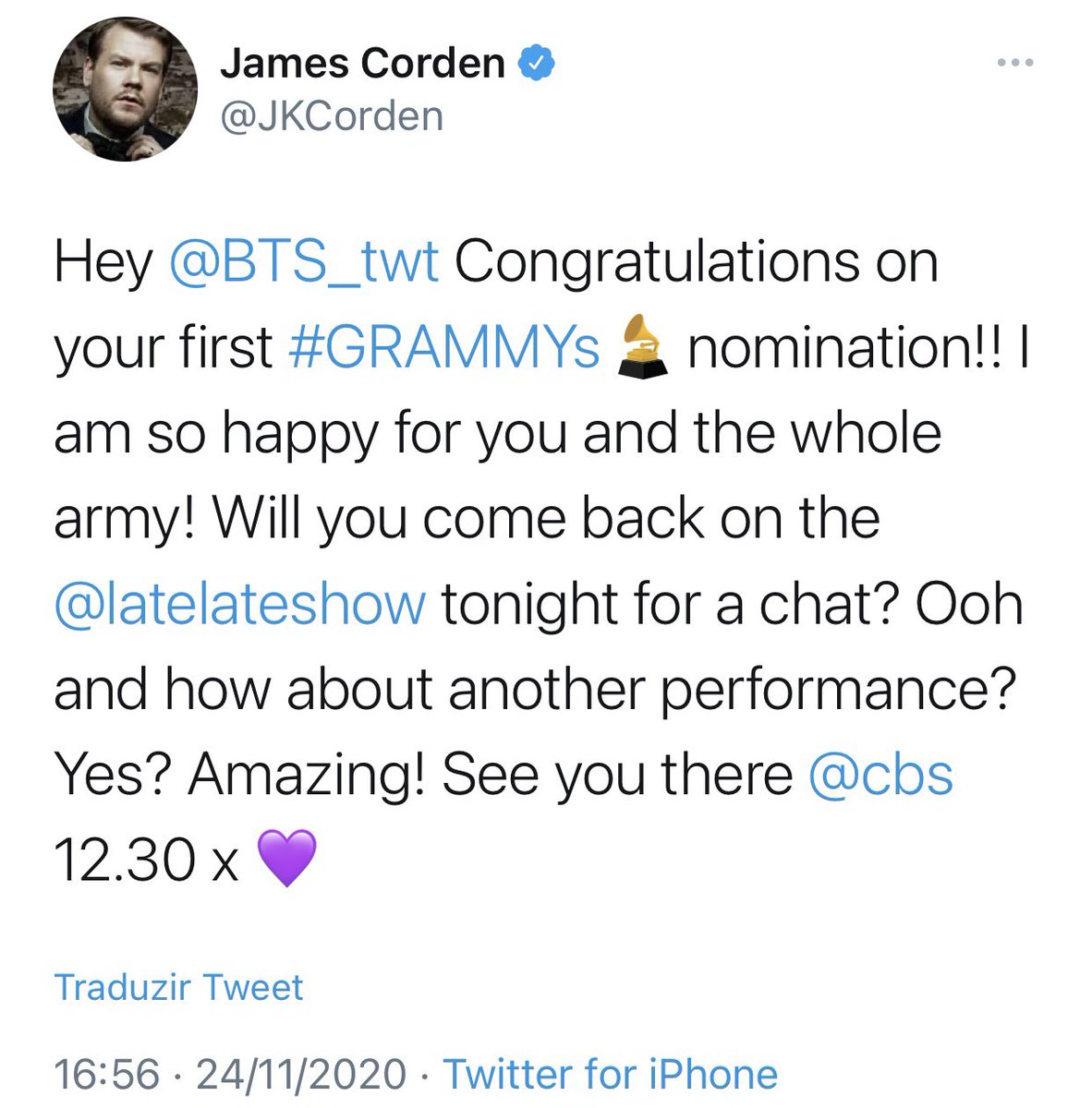 btsbrasil_on's tweet photo. [INFO] 20.11.24 | O #BTS (@BTS_twt) estará MAIS UMA VEZ no programa 'The Late Late Show with James Corden', para uma entrevista e segunda apresentação!

O programa irá ao ar NESSA MADRUGADA (de terça para quarta), às 2h30 BRT, no canal da CBS. 💜 https://t.co/EyXkdw7bQR