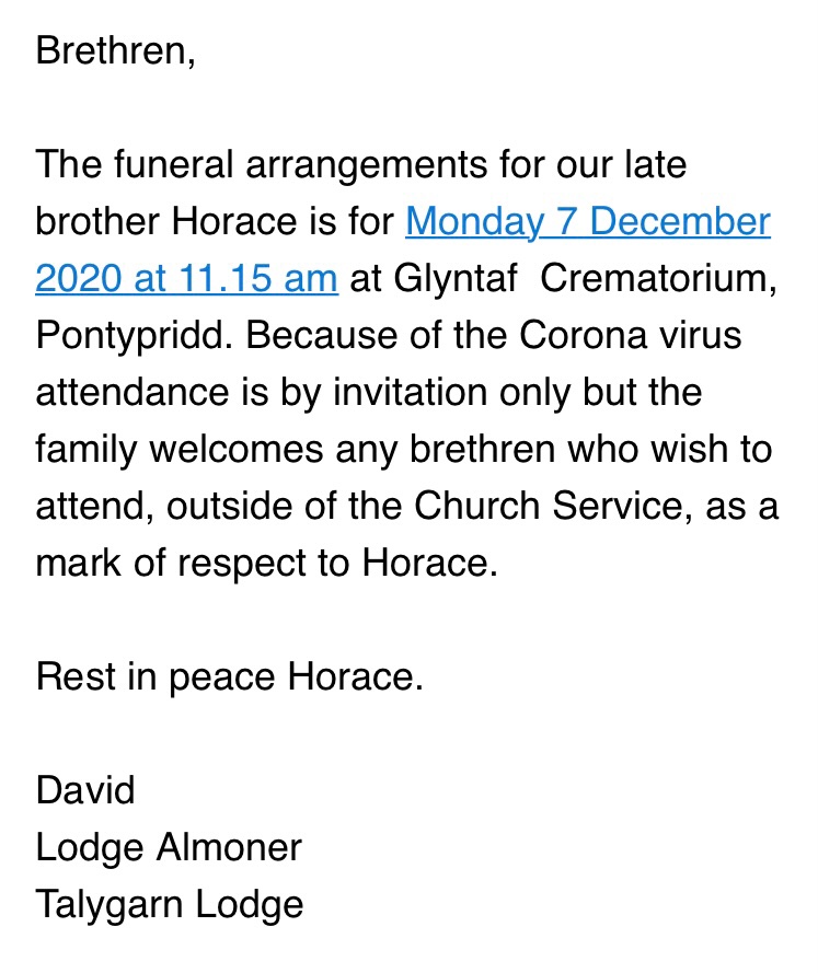 Brethren All.  Details of the funeral of the late W Bro Horace Burge.