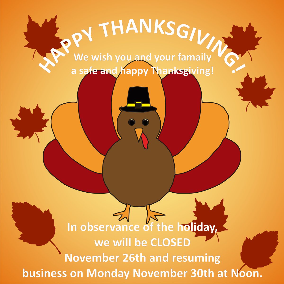 ReadingTrophy's tweet image. Will be closed Thursday November 26 until Monday November 30 at noon. Have a safe and happy holiday!