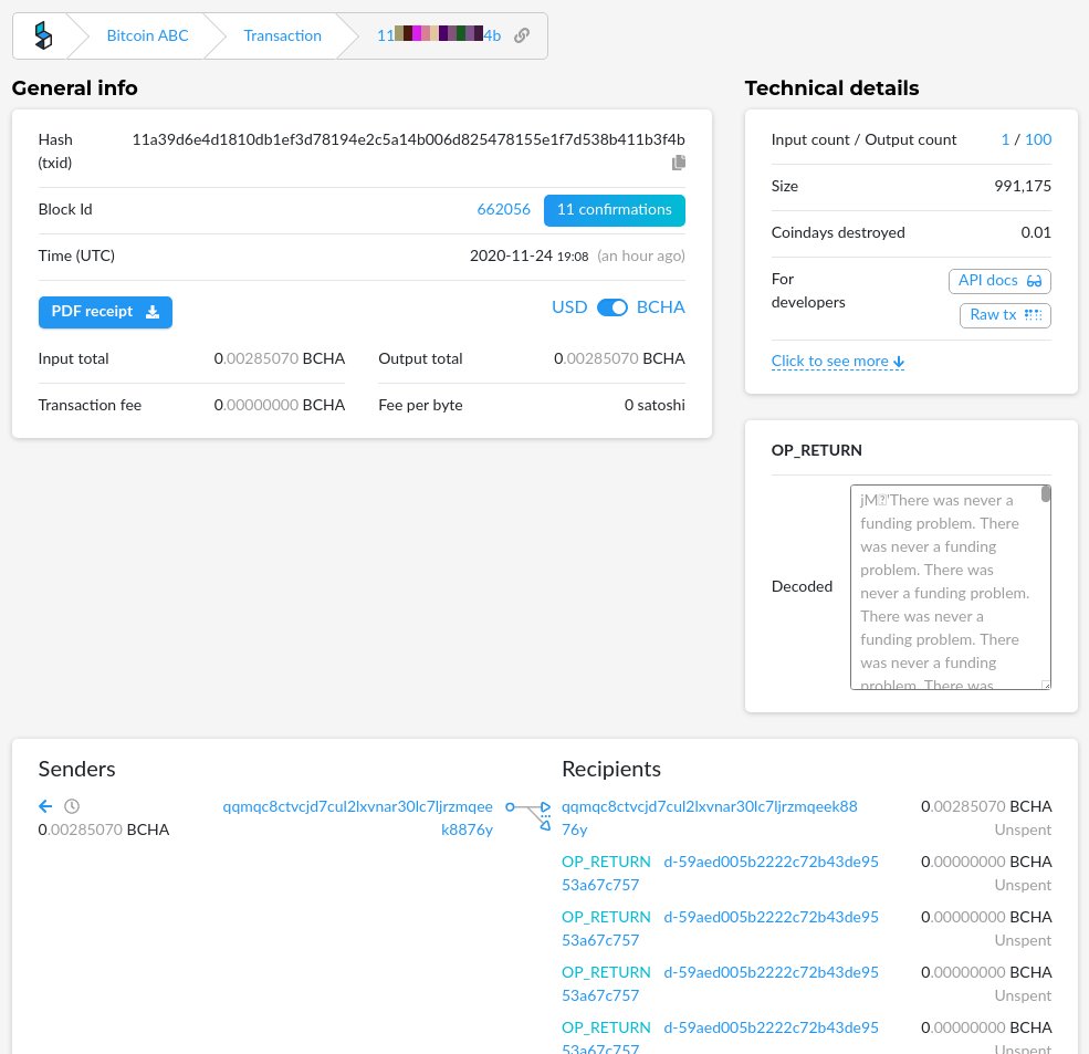 A 20MB block with only 21 TX in BAB, by the empty blocks actor. https://blockchair.com/bitcoin-abc/transaction/11a39d6e4d1810db1ef3d78194e2c5a14b006d825478155e1f7d538b411b3f4b