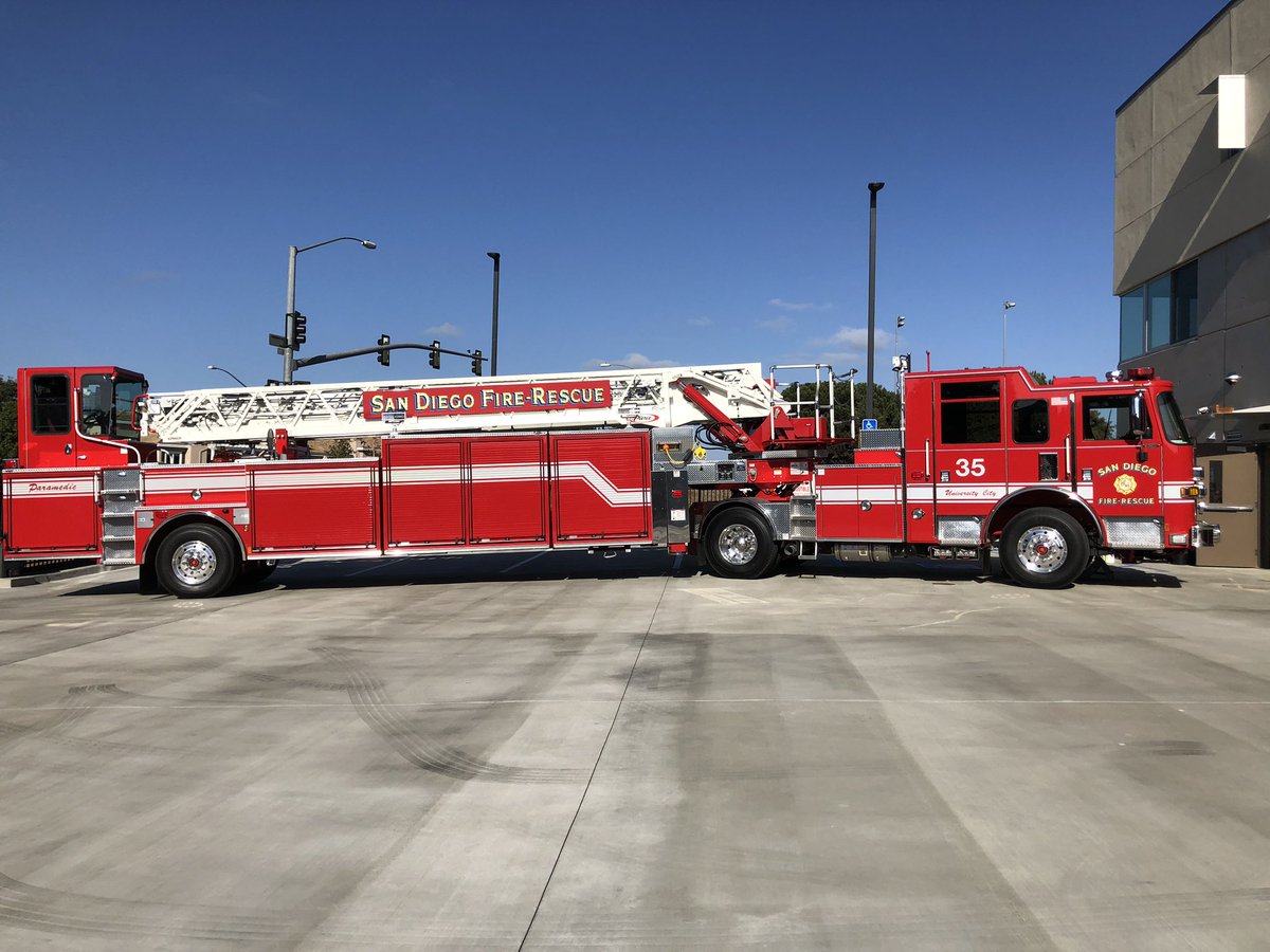 SDFD's tweet photo. Ribbon cutting ceremony on Tues. at the brand new SDFD Sta 50 in North UC. Not in service yet but soon! And a new tractor drawn aerial apparatus for Sta 35. #publicsafety https://t.co/npPMXgi1Fk