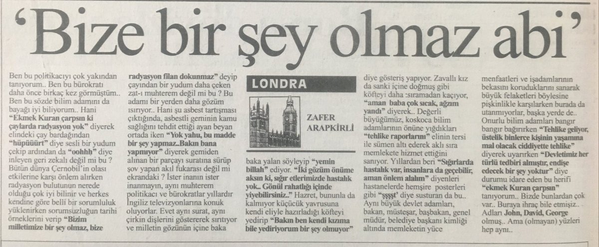 “Bize Bir Şey Olmaz Abi” başlıklı bu yazıyı, 20 küsür yıl önce yazmış @ZaferArapkirliSağlık alanında tedbirler almadan önce önemli sosyolojik ve kültürel sorunları çözmemiz gerektiğini de işaret ediyor. İdarecilerimizi ve toplumumuzu uyarıyor  #SelahattinYazıcıoğlu da uyarmıştı