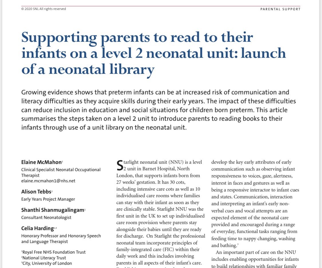 ElaineMcMahonOT's tweet photo. Thrilled to have our #StarlightNNU neonatal library initiative published @InfantJournal. TY to the wonderful @CELIAHARDING13 Alison Tebbs @Literacy_Trust @SShanmugaling @clarecane #parentinfantinteraction #cooccupation #earlycommunication #language #FIC https://t.co/wa5ZwBSkSx https://t.co/QekQtfW92n