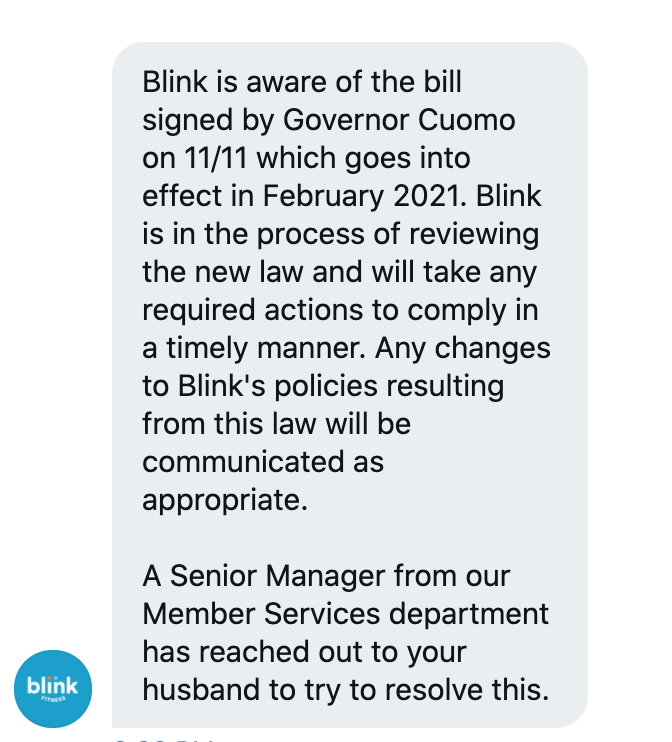 Apparently I'm not the first person to bring up NY state law to  @blinkfitness - they have a ready to go statement about why they're....not following it.