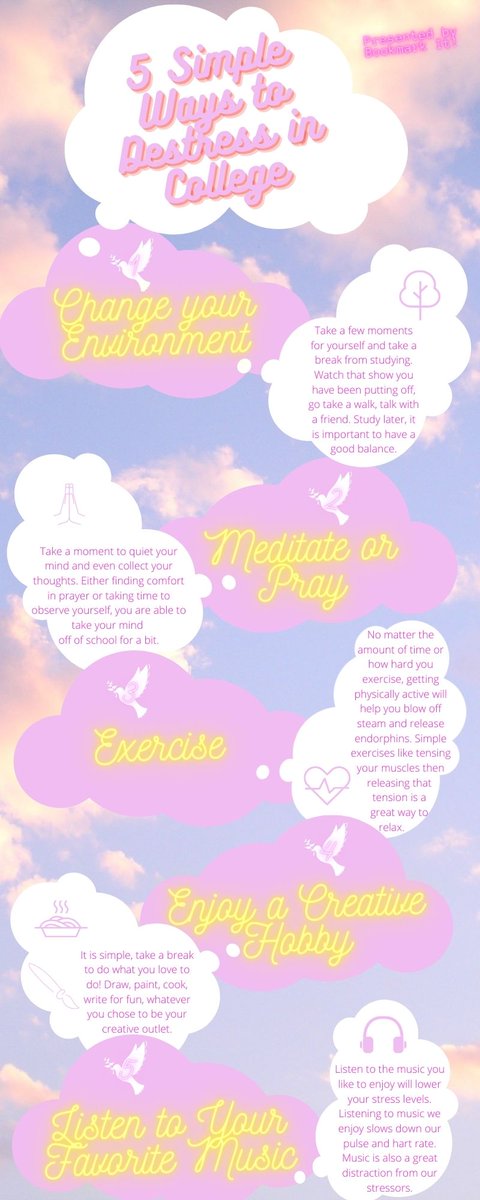 Bookmark_It1's tweet photo. Simple ways you can destress. Help us add to the list, how do you like to relax? Share with your friends and let's all relax a bit before studying more.
#relax #relaxation #collegelife https://t.co/MMfhSUWfqY
