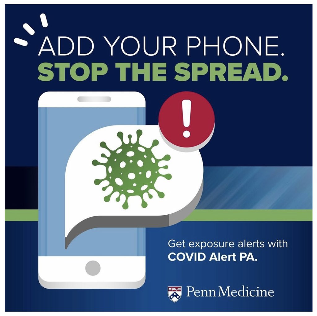 Download the ‘COVID Alert PA’ app to know if you’ve been exposed to COVID-19. Set daily reminders to check in! #doyourpart #staysafe
