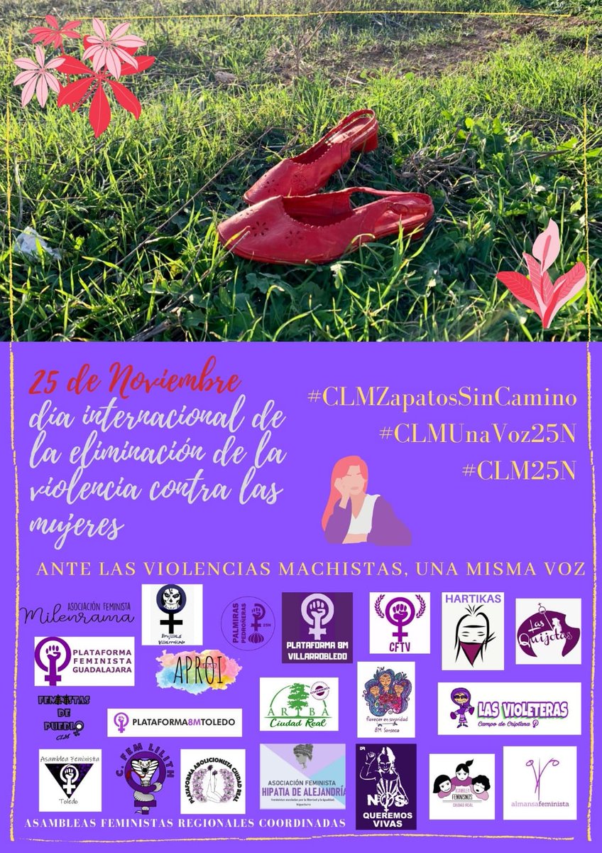 [#25N] Mañana es el Día Internacional para la Erradicación de la Violencia contra las Mujeres. Movimientos feministas de CLM nos hemos unido, con una sola voz, para mostrar nuestro rechazo a todo tipo de violencias machistas y recordar a las mujeres asesinadas

#CLMUnaVoz25N