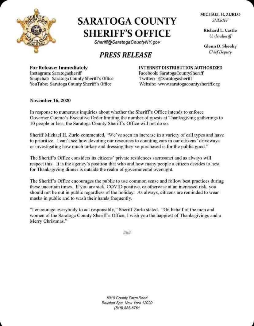 boriquagato's tweet photo. "the sheriff's office considers its citizens private residences sacrosanct and always will respect this.  it is the agency's position that who and how many people a citizen decides to host for thanksgiving dinner is outside the realm of government oversight"

drops mic. https://t.co/myieMIXSjK