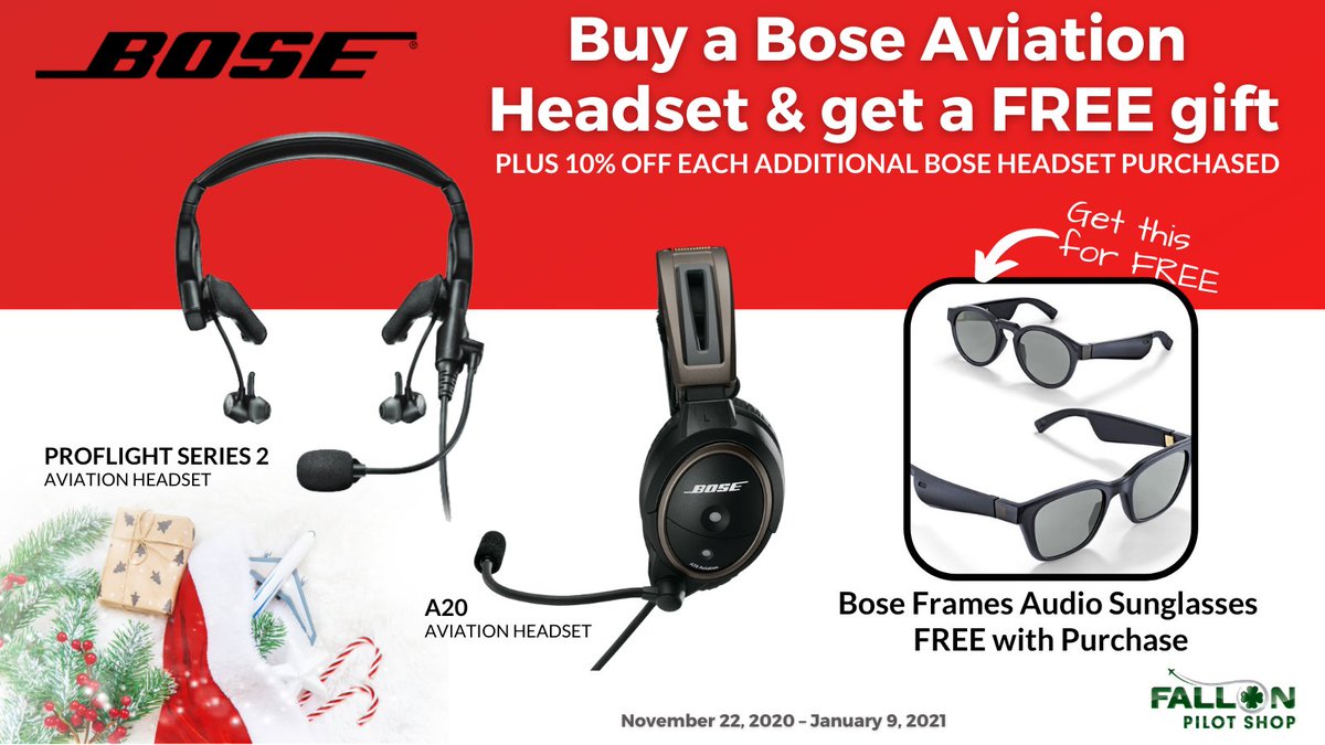 FallonPilotShop's tweet image. Listen to your favorite holiday music🎶in style with a FREE pair of Bose Audio Sunglasses when you purchase a Bose A20 or ProFlight Series 2 Aviation Headset! Plus 10% OFF each additional Bose Aviation Headset purchased on the same receipt.