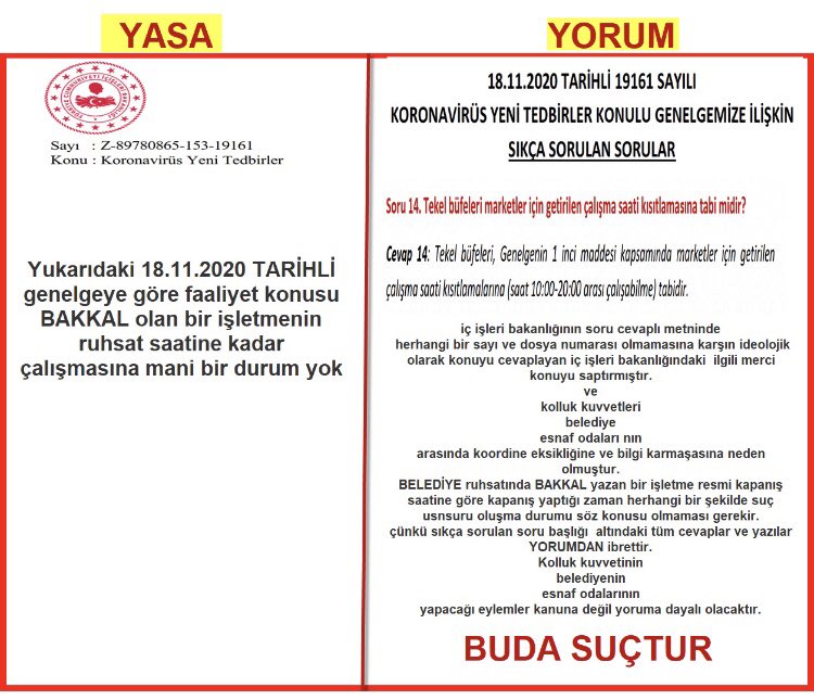 İçişlerinin Genelgesinde olmayan bir kısıtlamayı bizlere keyfi olarak sunan   #155bintekelbayii ve soru cevap şeklindeki bir maddede işgüzar birinin cevaba evet tekel bayileri kapsıyor demesi cevabı üzerine  resmi olmayan bir durumdur ve suçtur oda başkanları suça ortak olmuştur