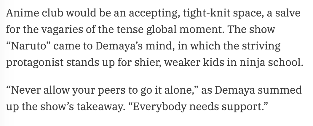 The sense of connectedness the school is working to foster can be elusive. But Demaya has found a way to build a community from behind a computer screen, mirroring the values and strengths of the anime characters she and her classmates find solace in during the chaos of 2020.