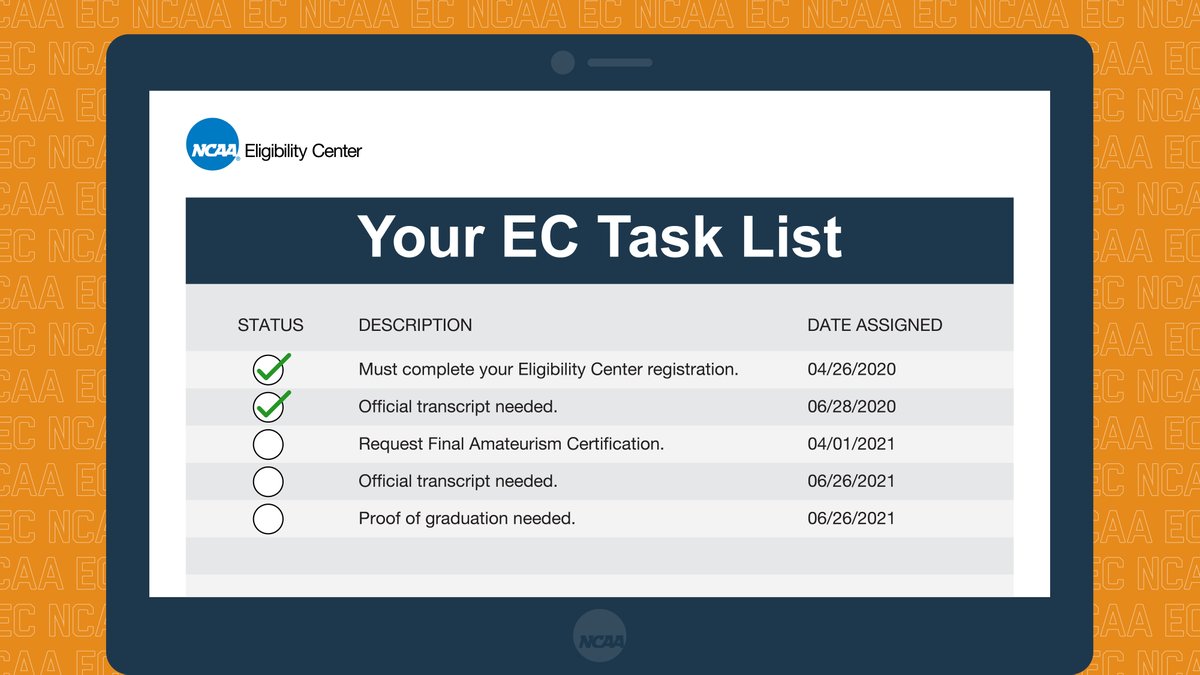 After you create a Certification account with the <a href="/ncaaec/">NCAA Eligibility Center</a>, view your task list to see your next steps.

Log in: on.ncaa.com/EC