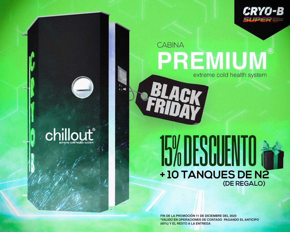 CRYO_B's tweet photo. ❄️Black Friday Super Deal‼️🏷  👉🏻15% de descuento en la compra de la cabina 🔋Chillout Premium ➕ 10 tanques de N2 👨🏻‍💻Entra hoy en https://t.co/NmnlTUGpIp     ⚠️Válido hasta el 11 de diciembre 2020

#blackfriday #promo #chilloutpremium #cryo #cryotherapy #wbc https://t.co/DnZ8MPwz0m