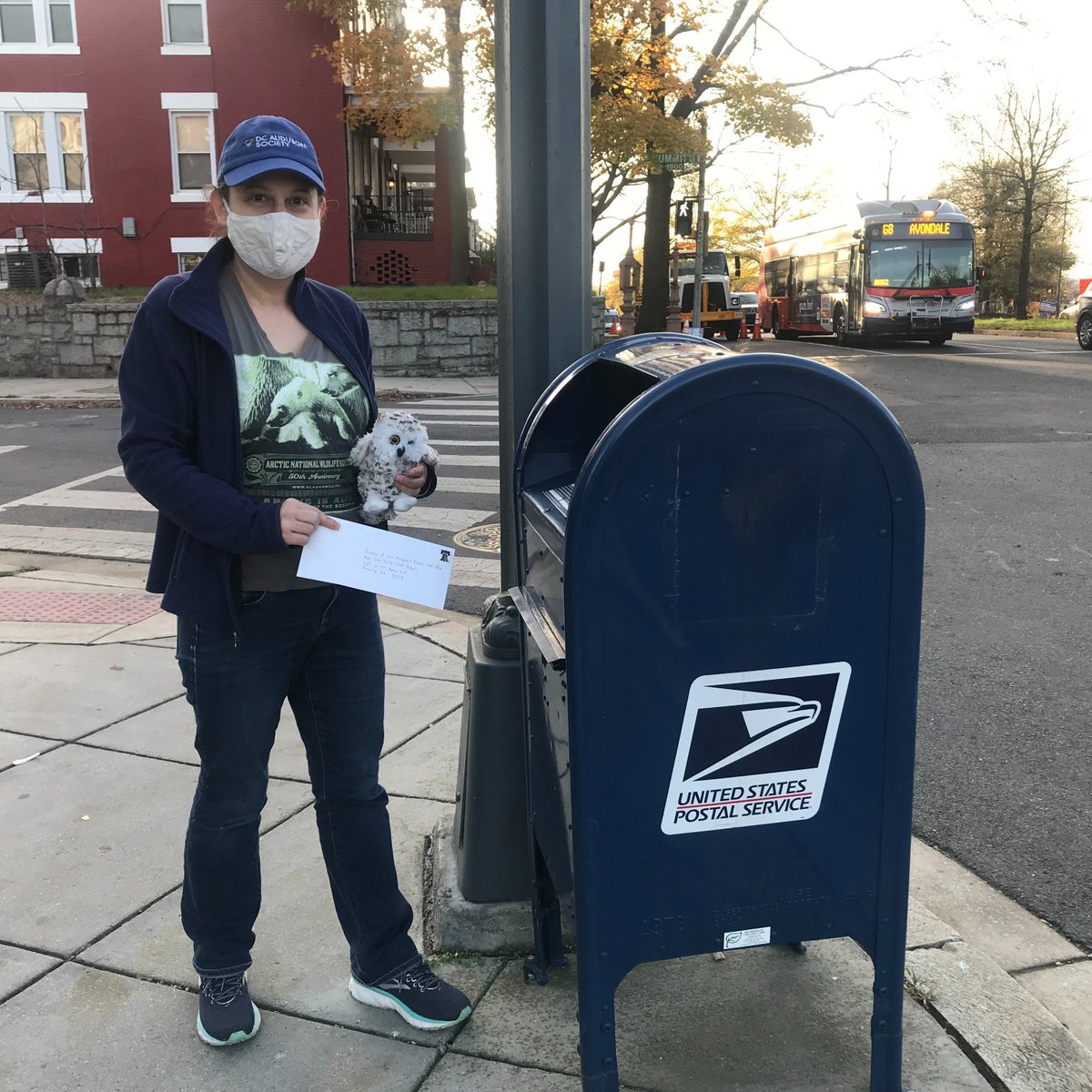 I'm standing next to a blue USPS mailbox on a street corner, holding my letter in one hand and a stuffed Snowy Owl in the other.