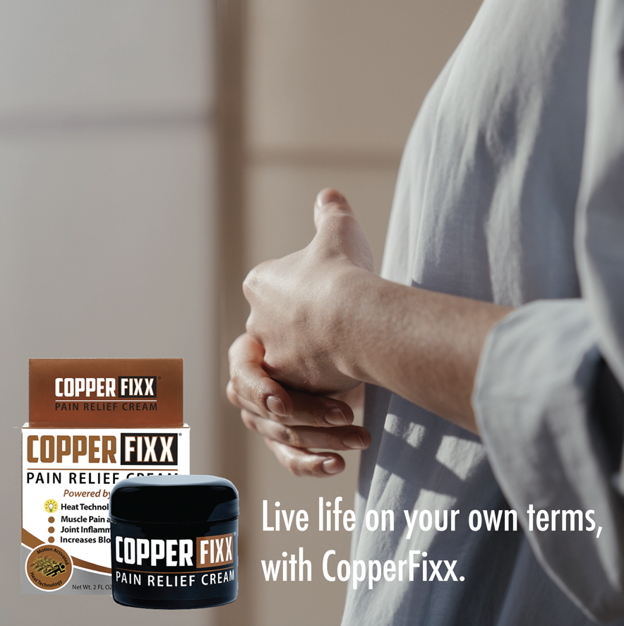 CopperFixx's tweet photo. Live your life on your terms, and don't let arthritis pain interrupt the moments you cherish. Treat your chronic pain with CopperFixx, a fast acting topical you can trust. Available online at https://t.co/6Mixkx28XE and at your local drugstore. https://t.co/HYjuTshdoI