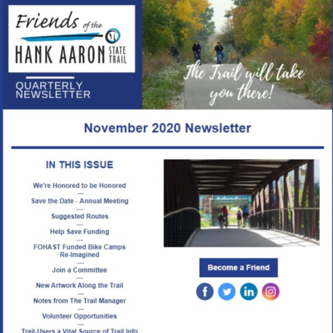 HankAaronTrail's tweet photo. Check out Friends of Hank Aaron State Trail's current newsletter! https://t.co/ph7mjOKQ79
#WalkTheHank #RunTheHank #RideTheHank https://t.co/ko6ke5TK3L