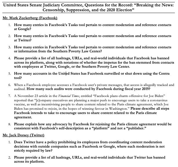 10 more questions for the record for Mark Zuckerberg and @jack following their testimony to the Senate Judiciary Committee. The public deserves details on ⁦@Facebook’s⁩ “Centra” tracking platform. And on Big Tech coordinated censorship