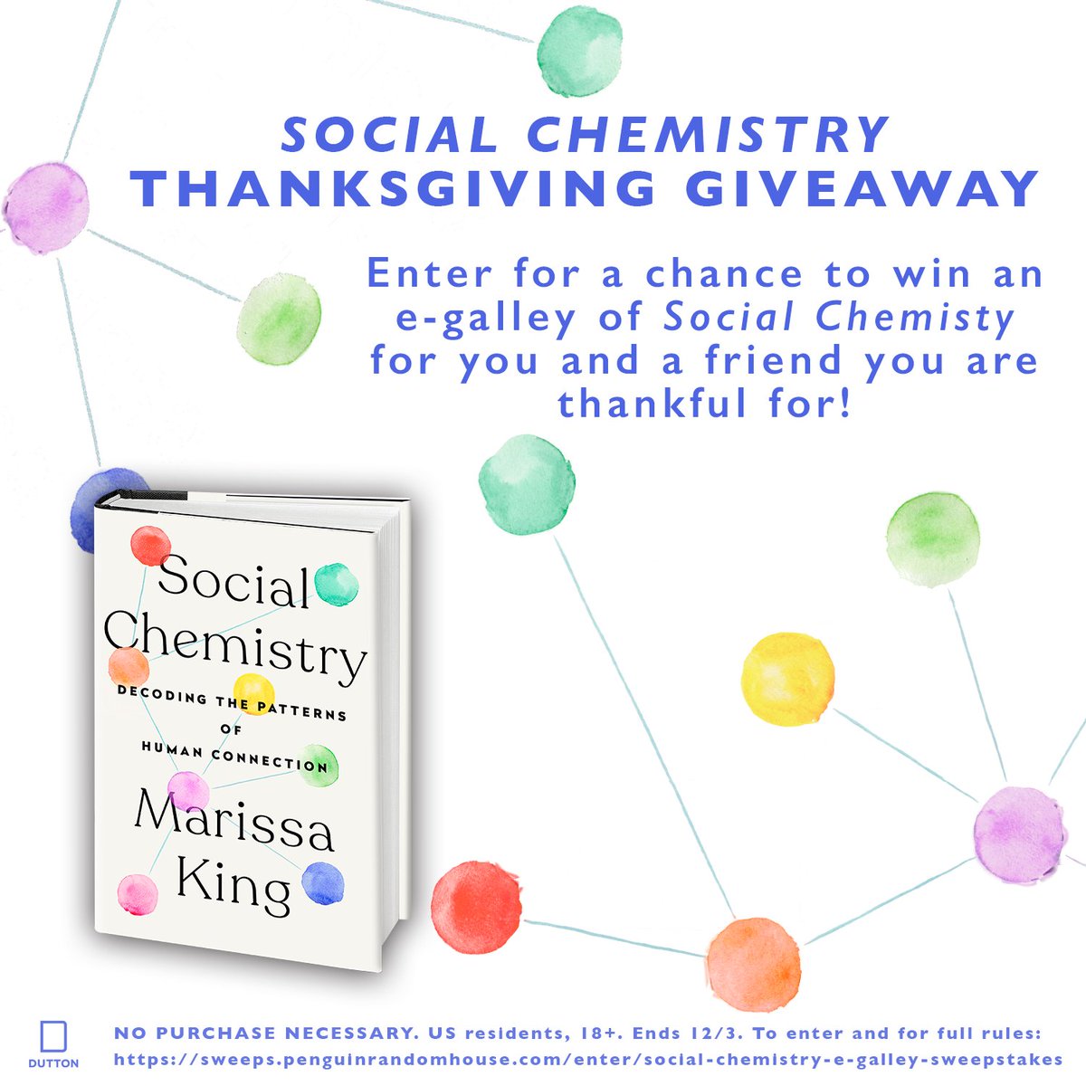 marissadking's tweet photo. I am excited to share that @penguinrandom is giving away copies of the Social Chemistry e-galley. For a chance to win a copy for you and a friend you're thankful for, enter the sweepstakes here: https://t.co/a9gQ99FWEg https://t.co/ayr9R4bZvN