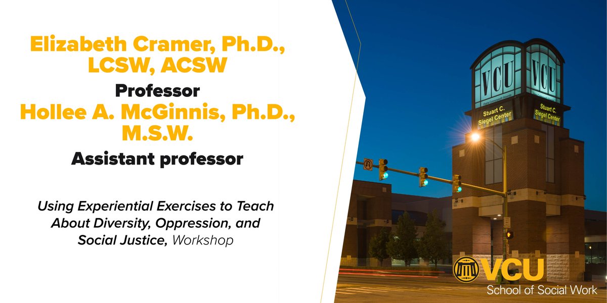 VCUSocialWork's tweet photo. #ICYMI: #VCUSSW is proud of faculty Elizabeth Cramer and @holleemcginnis, who presented last week at the 66th annual @CSocialWorkEd #APM2020. Their workshop was Using Experiential Exercises to Teach About Diversity, Oppression, and Social Justice. https://t.co/PUZyXh8DBK