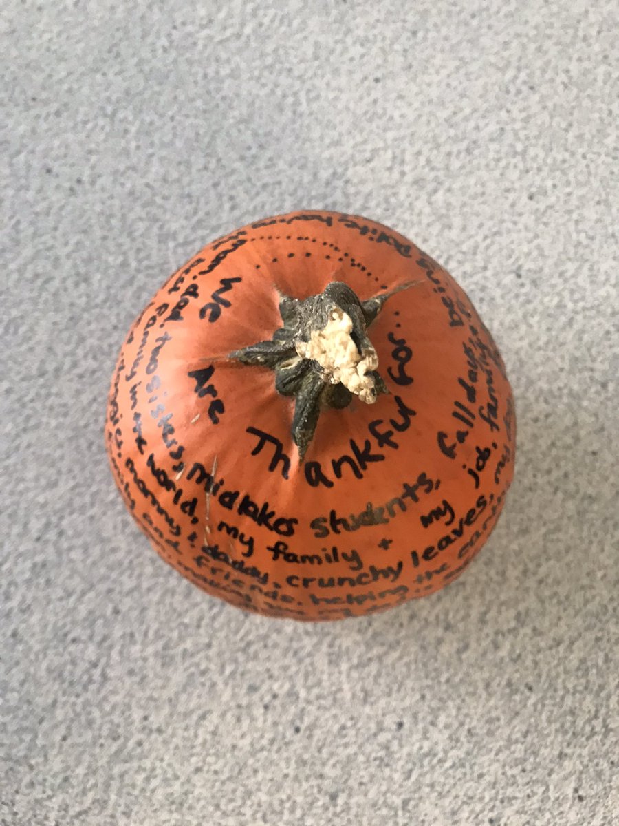 KD_Peck's tweet photo. This year I tried something new with students and staff who came by my office. It was so fun to have a project we worked on together and I love the finished pumpkin. We have so much to be thankful for ❤️ #midlakes #midlakesstrong #schoolsocialwork #BeKind #positivity https://t.co/gAM7ZCPNES
