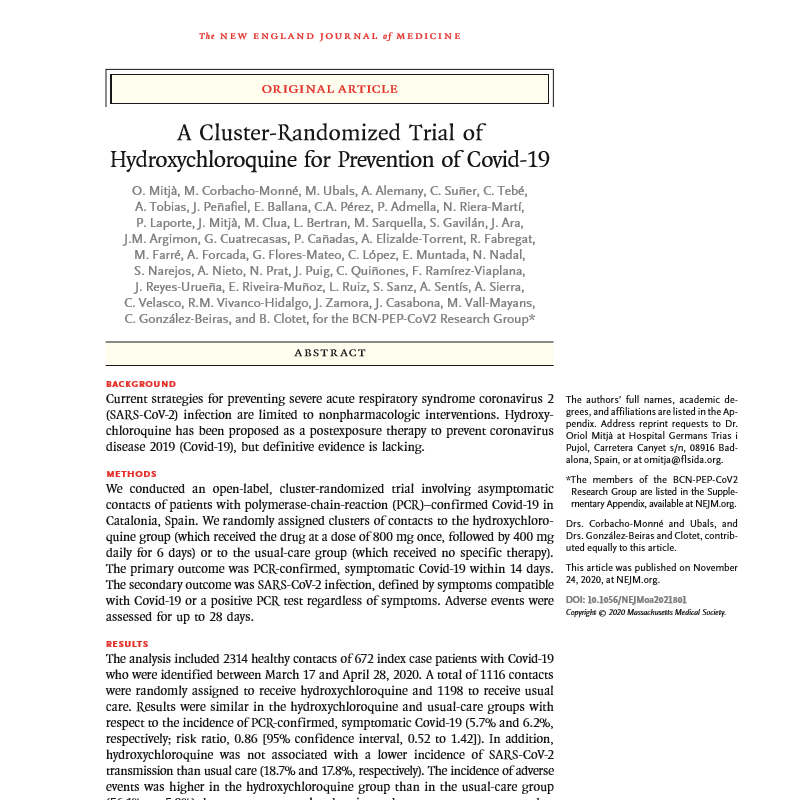 NEJM's tweet photo. In a trial involving asymptomatic contacts of patients with PCR–confirmed #COVID19 in Spain, the authors compared the use of hydroxychloroquine with usual care. Postexposure therapy with hydroxychloroquine did not prevent #SARSCoV2 infection or symptoms in healthy persons.