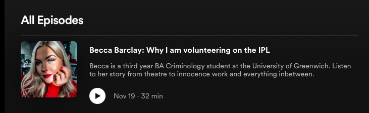 LouHew1179's tweet photo. Latest episode of the @innocencelondon podcast available now. @RebeccaLBarcXx speaks about why she its volunteering for the IPL- from theatre to innocence work. Listen now on @spotify and @Stitcher #innocencework @InnocenceNtwrk #podcasts #LegalEd https://t.co/IGKd0RnwtZ