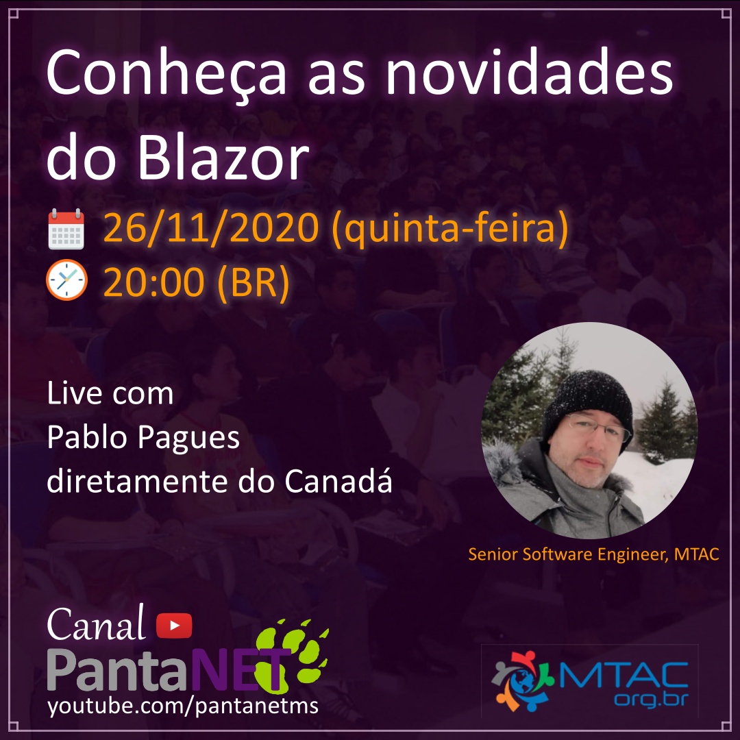 gumalheiros's tweet image. Para iniciar o projeto Canal #Pantanet, teremos uma live com o @pablopagues diretamente do Canadá! Vamos bater um papo com o Pablo e saber das últimas novidades do #Microsoft #Blazor. Acesse o nosso canal no Youtube.com/pantanetms
#gomtac #mtac #pantanet