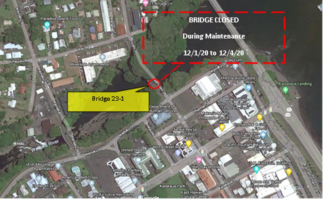 The Department of Public Works will begin work on the Keawe-Wailuku Bridge #23-1 (TMK: 2-3-005:004) on Tuesday, December 1, 2020 through Friday, December 4, 2020, weather conditions permitting.
records.hawaiicounty.gov/Weblink/1/doc/…