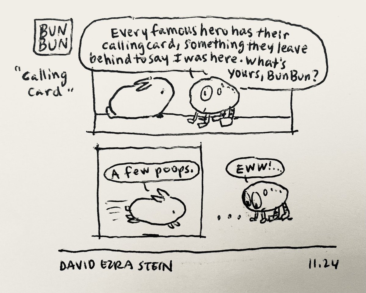 _DavidEzraStein's tweet photo. Today’s BunBun cartoon! #bunbunstein #cartoon #comic #humor #bunny #rabbit #cutebunny #cuterabbit #illustration #pen #ballpoint #houserabbit #pet #funnybunny #lineart #callingcard #bunnypoop https://t.co/qFEd5oAVHO