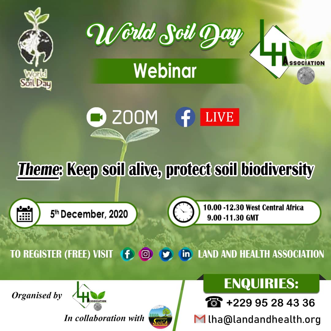 LandandHealth1's tweet photo. *World Soil Day 2020* 
.
Interested in knowing more about how to keep soil alive and maintaining soil biodiversity?
.
Join us on the 5th of December, 2020 to learn from global thought-leaders as they share wonderful insights from their wealth of experience. https://t.co/cvJBotUCNK