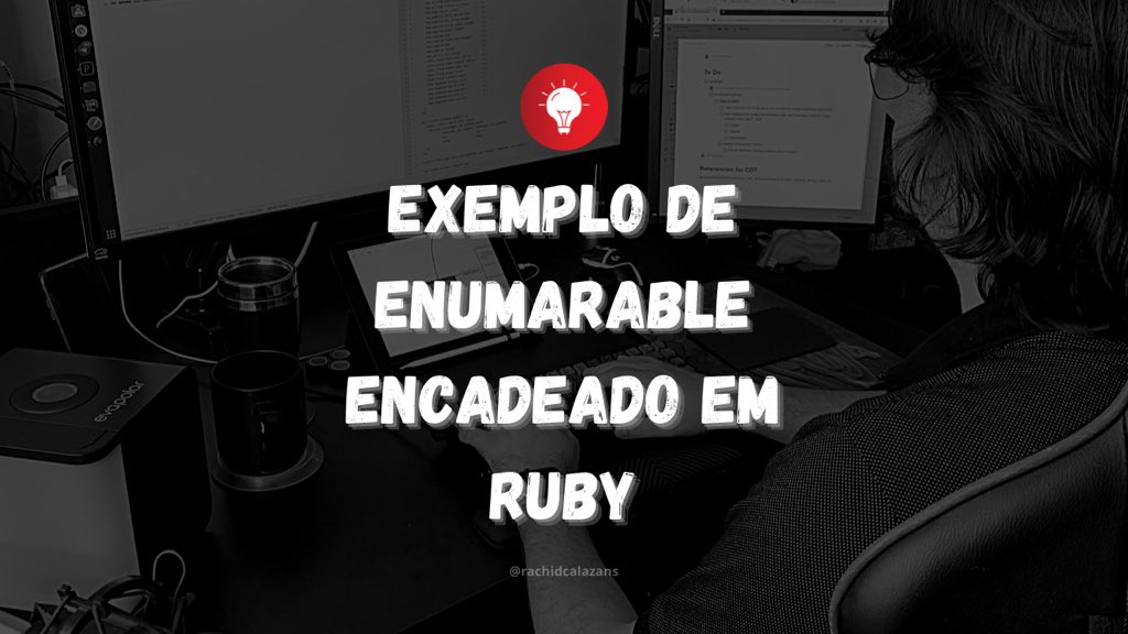 rachidcalazans's tweet image. Fala champs, beleza! 
Nesse vídeo mostro um exemplo de enumeravle encadeado em ruby 
Link para acesso youtu.be/dplT9cgxWjA
Espero que gostem 
Valeeeeeeeu 
#liguagemdeprogramação #javaweb #carreiradeti #devopsengineer #programmer #programming #100daysofcode
