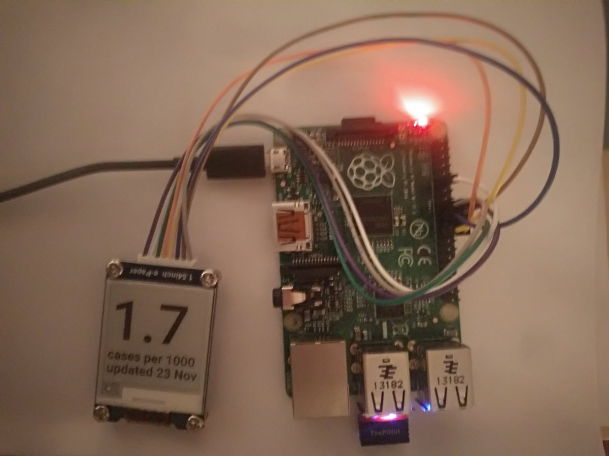 Tom wanted a reminder of local Covid rates before going to town. So I wrote a script to fetch the latest case rate in the area from GOV.UK, and display it live. 

Behold SCAREDI-PI: the Simple Covid Ambient Reporting E-ink DIsplay for Pi github.com/annapowellsmit…