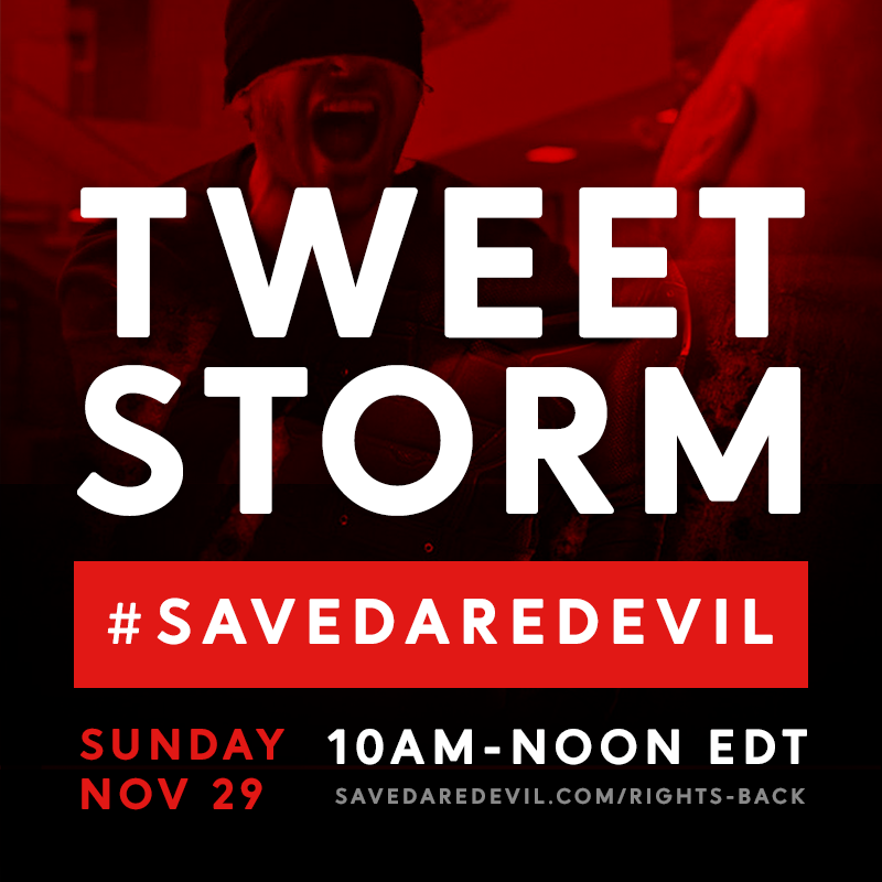 SavedDaredevil's tweet photo. This is not a drill! The Daredevil moratorium ends 🚨 THIS SUNDAY November 29 🚨 and we need your help to get #SaveDaredevil trending 😈! Read up on our website @ https://t.co/yrLLTKK8m9 or continue with this thread for more details 👇 https://t.co/M1DQKhSnBu
