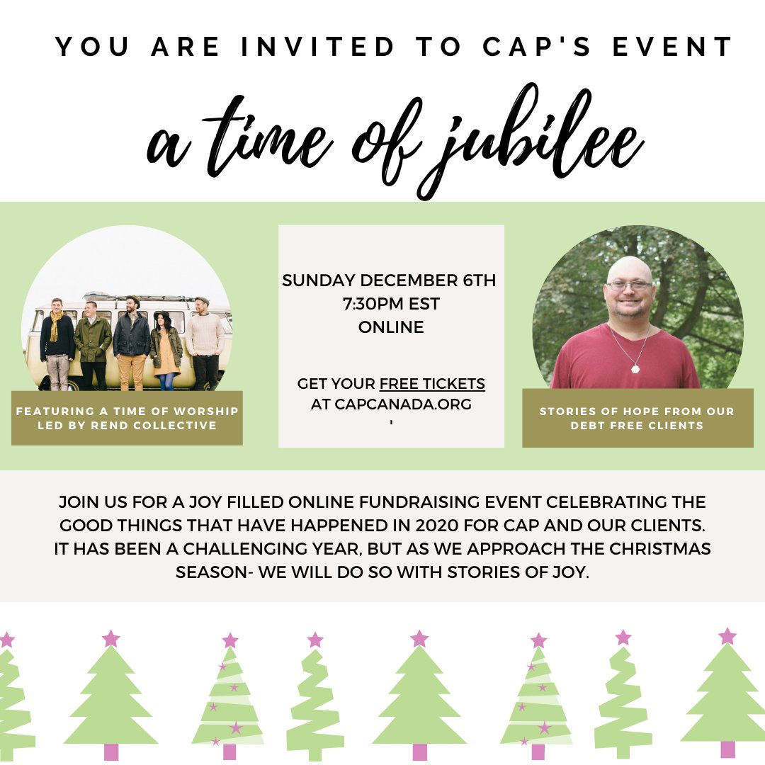 "A Time of Jubilee" is a joy-filled evening on Sunday, Dec 6th at 7:30pm EST with stories of hope from our debt-free clients and worship by <a href="/rendcollective/">REND COLLECTIVE</a> 

FREE RSVP: bit.ly/3m0j1Bm

#timeofjubilee #rendcollective #capcanada #joy #hope #debtfree #worship #christmas #
