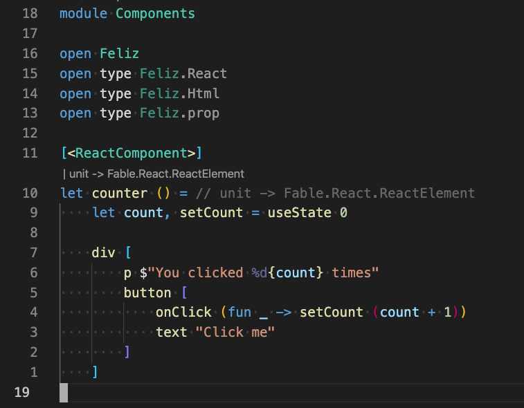 Playing with newest #fsharp 5, <a href="/IonideProject/">Ionide</a>, <a href="/FableCompiler/">Fable Compiler 🇺🇦 #StandWithUkraine</a> and <a href="/zaid_ajaj/">Zaid Ajaj</a>'s Feliz features. This looks like a really nice minimalistic React component 🥳